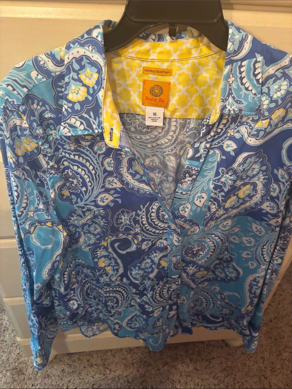 Ruby Rd. Blue and Yellow Paisley Button-Down Blouse